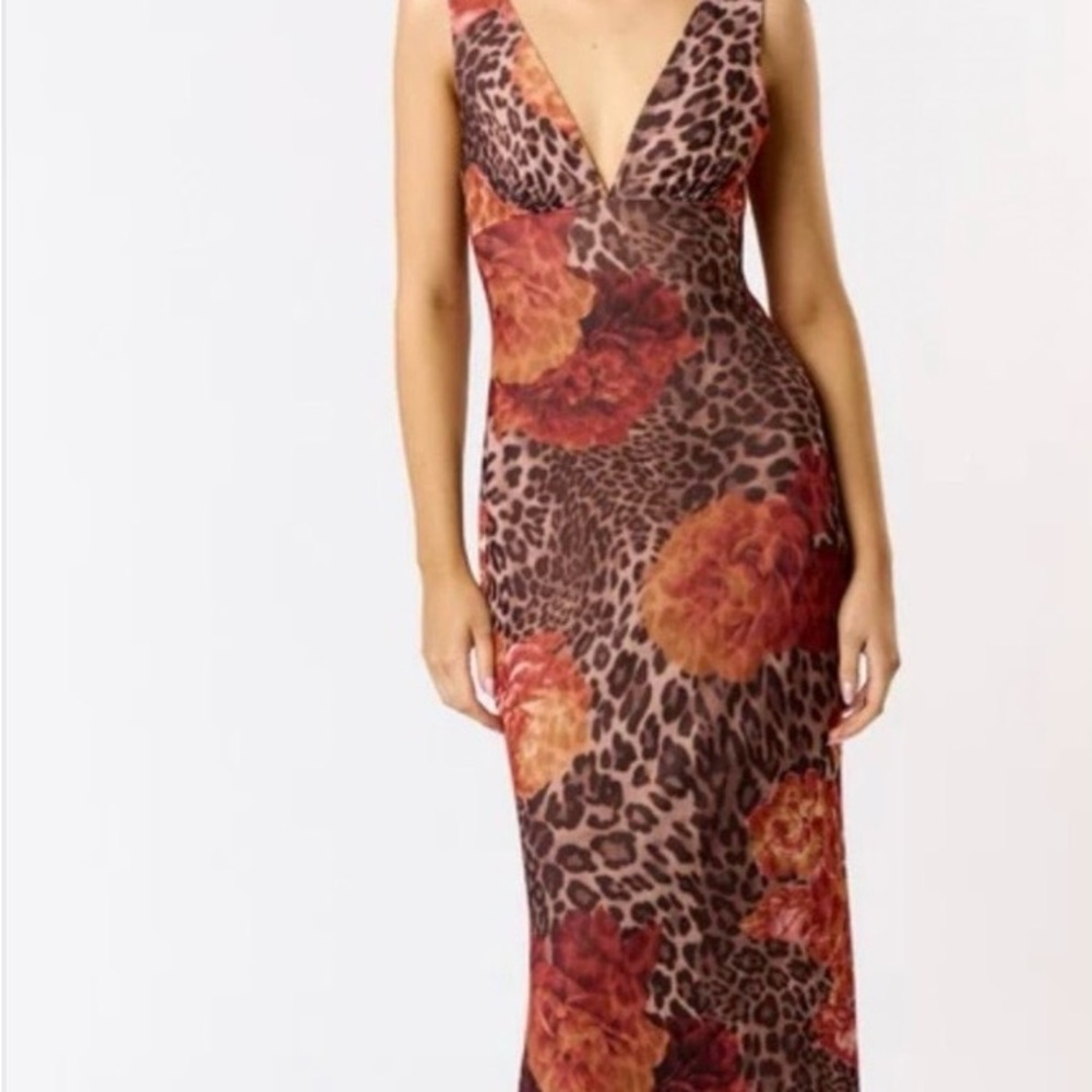 ⭐️⭐️ Blue Blush Leopard Print Midi Dress with Orange Floral Accents